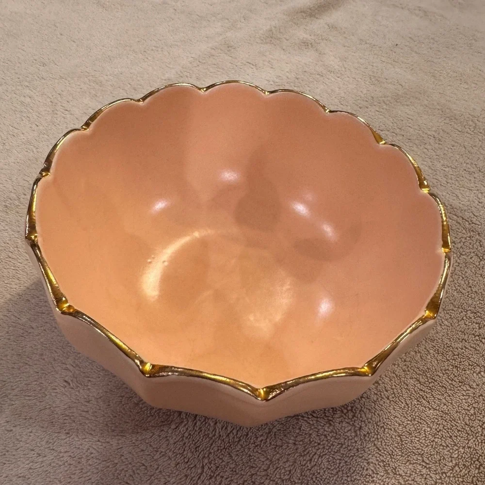 Parisian Pink Blush Scallop Ceramic Bowls Dish Gold Trim Coquette Glam Set of 2